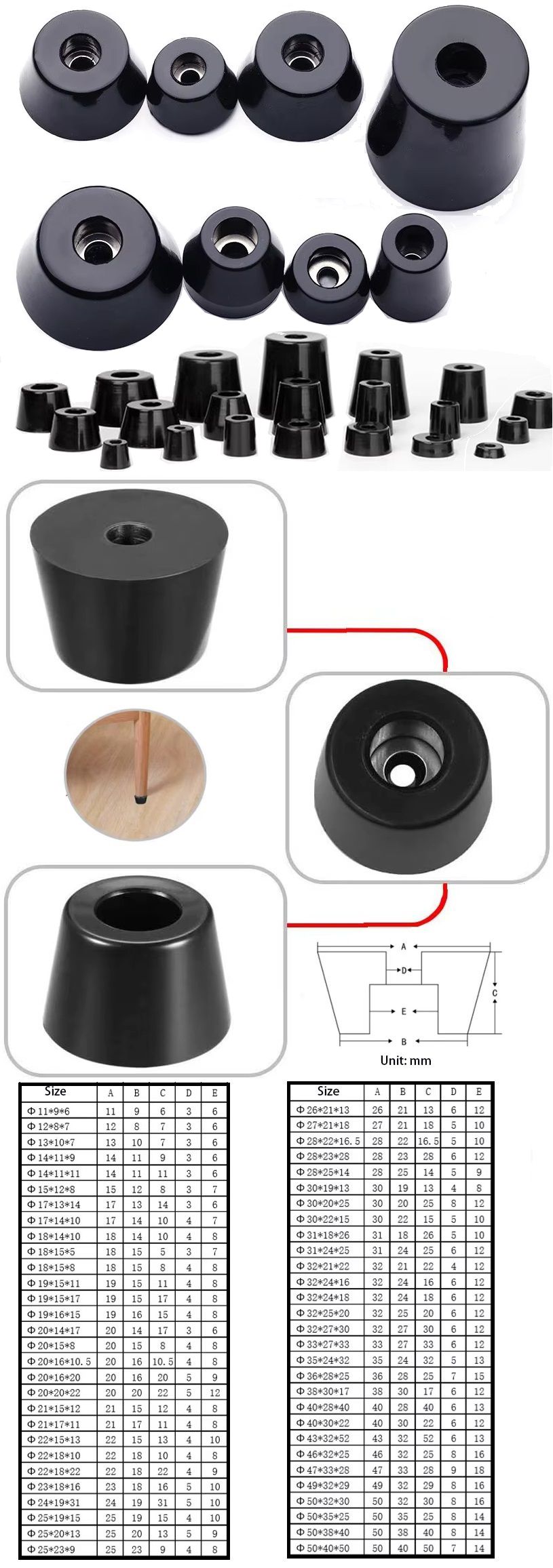 Pies de goma para tornillos